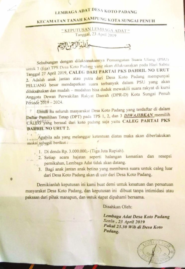 Kesepakatan Pilih Caleg, Adat Koto Padang Dinilai Kangkangi Aturan