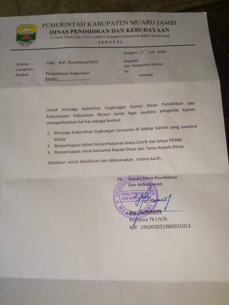 Pengelola Kantin Diminta Siapkan Konsumsi Tamu Kadis Pendidikan Muaro Jambi