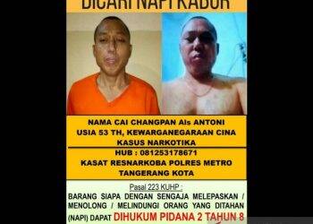 Selebaran DPO Cai Changpan yang diterbitkan Polda Metro Jaya. Narapidana mati kasus narkoba asal China Cai Changpan diketahui melarikan diri dari Lapas Kelas I Tangerang dan saat ini dalam pengejaran petugas