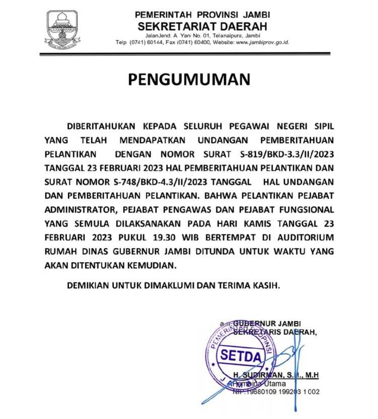 Diduga Karena Ini, Pelantikan Pejabat Pemprov Jambi Malam Tadi Ditunda